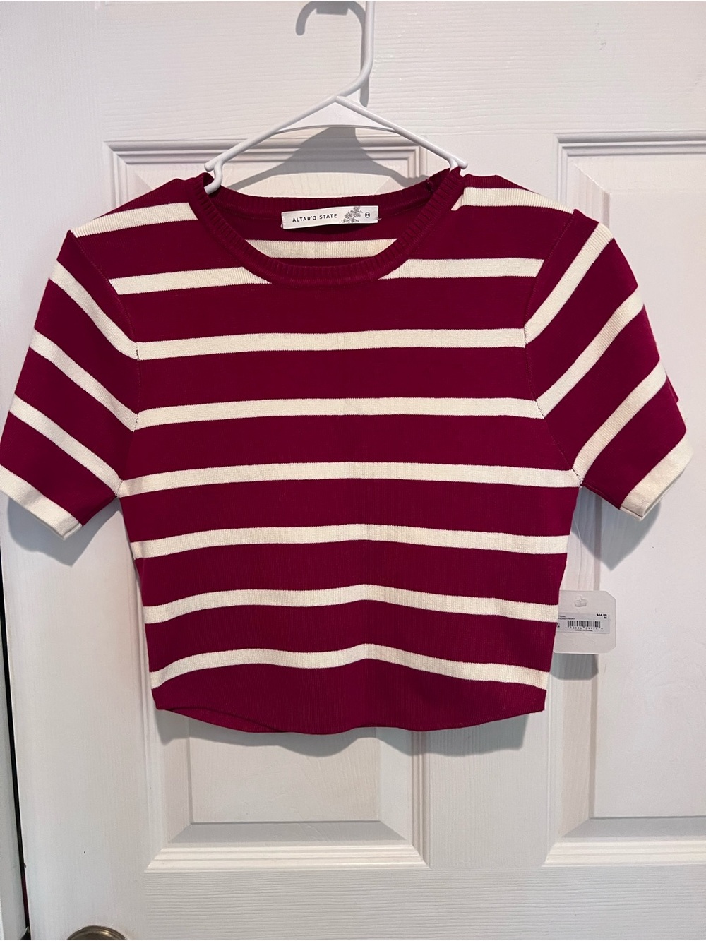 Altar'd State Burgundy and Cream Striped Cropped Tee